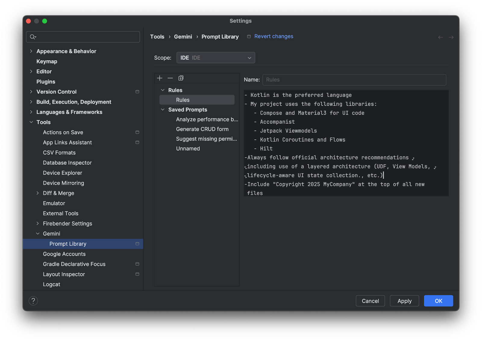 Criar regras do Gemini no IntelliJ