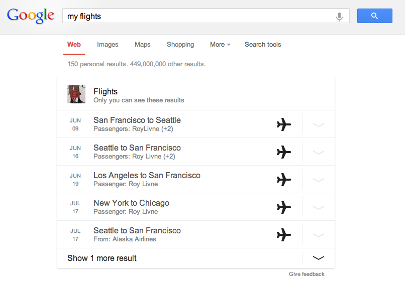 Card de resposta sobre voos na Pesquisa Google