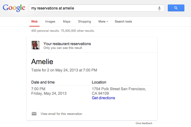 بطاقة الإجابة عن حجز المطاعم القادمة في &quot;بحث Google&quot;