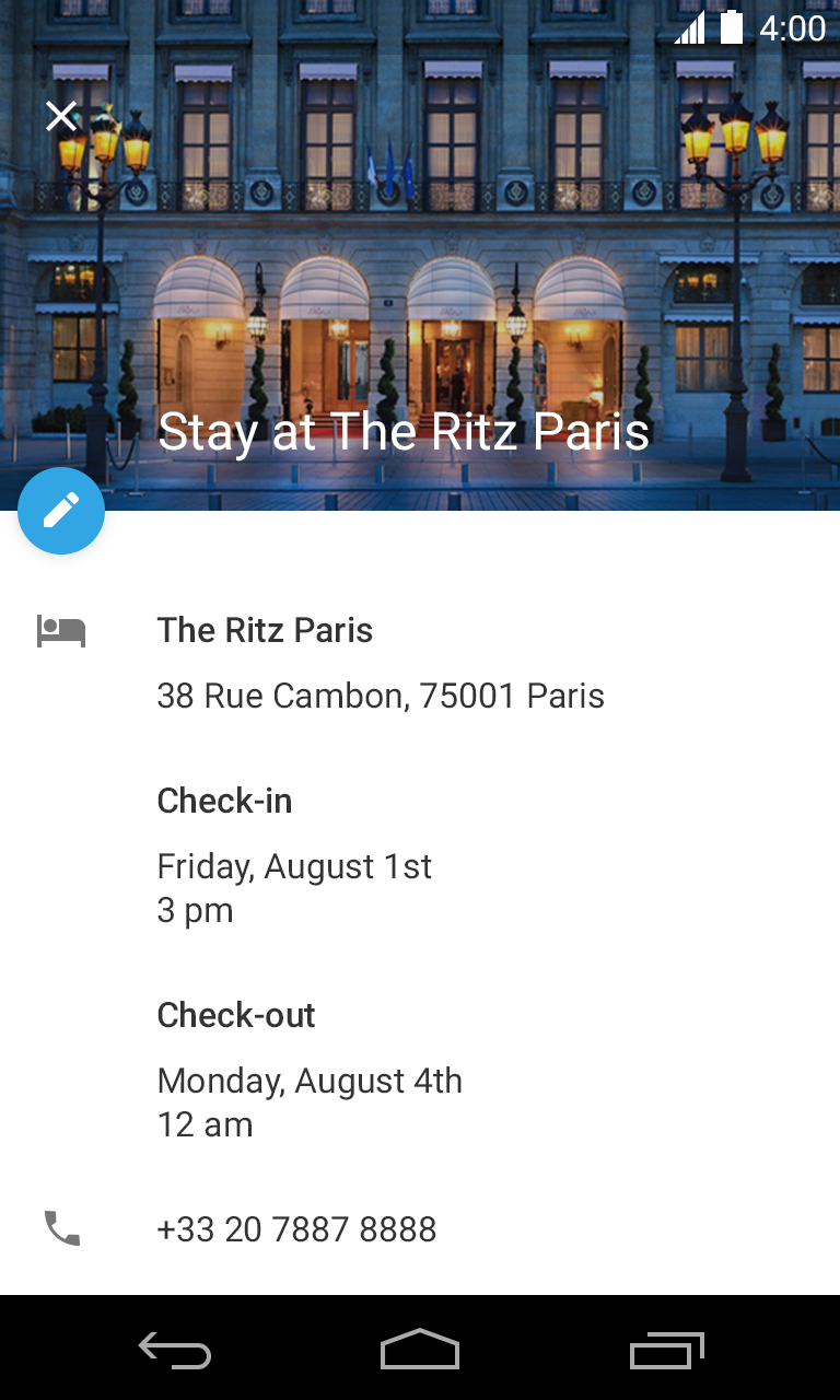 Google 日历中的酒店预订活动