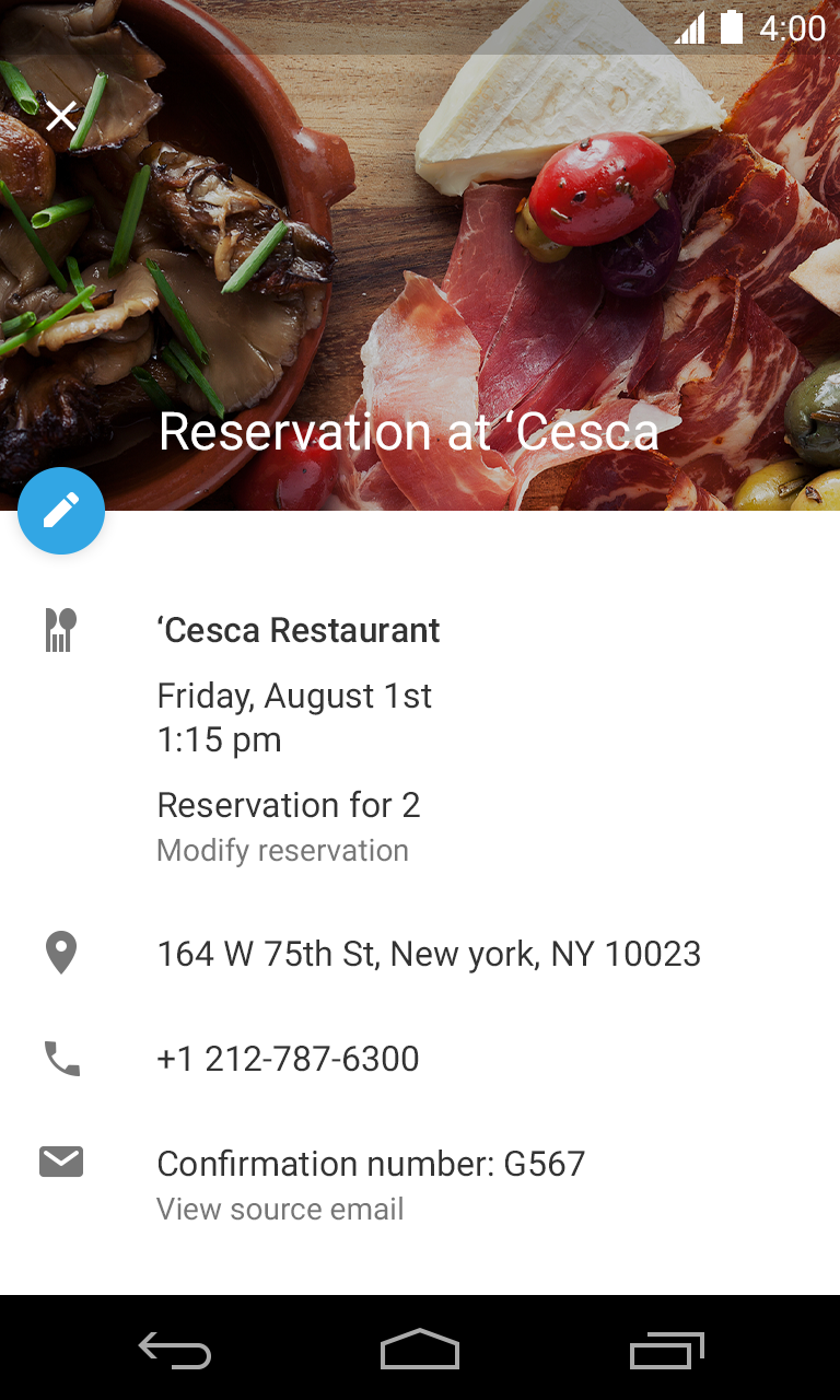 حدث حجز المطعم في تقويم Google