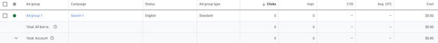 Экран групп объявлений пользовательского интерфейса Google Ads