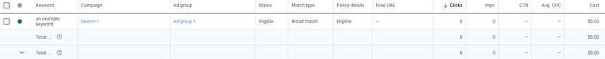 Экран ключевых слов в пользовательском интерфейсе Google Ads