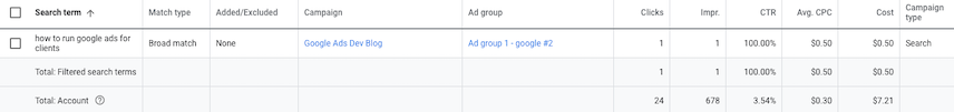 หน้าจอข้อความค้นหาใน UI ของ Google Ads