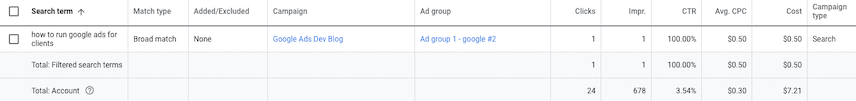 Google Ads 界面中的“搜索字词”界面