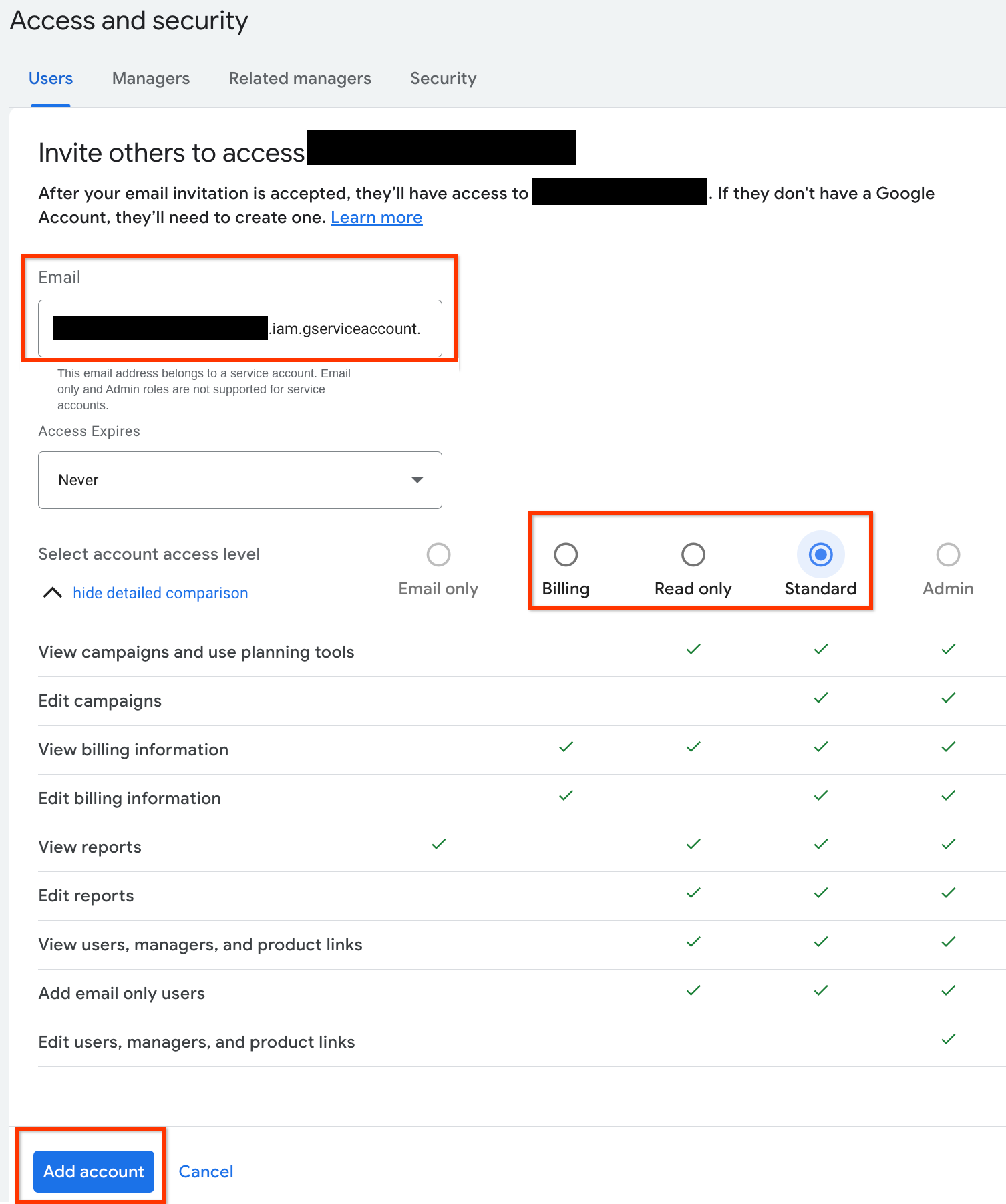 Hộp thoại để thêm email của tài khoản dịch vụ và chọn cấp truy cập