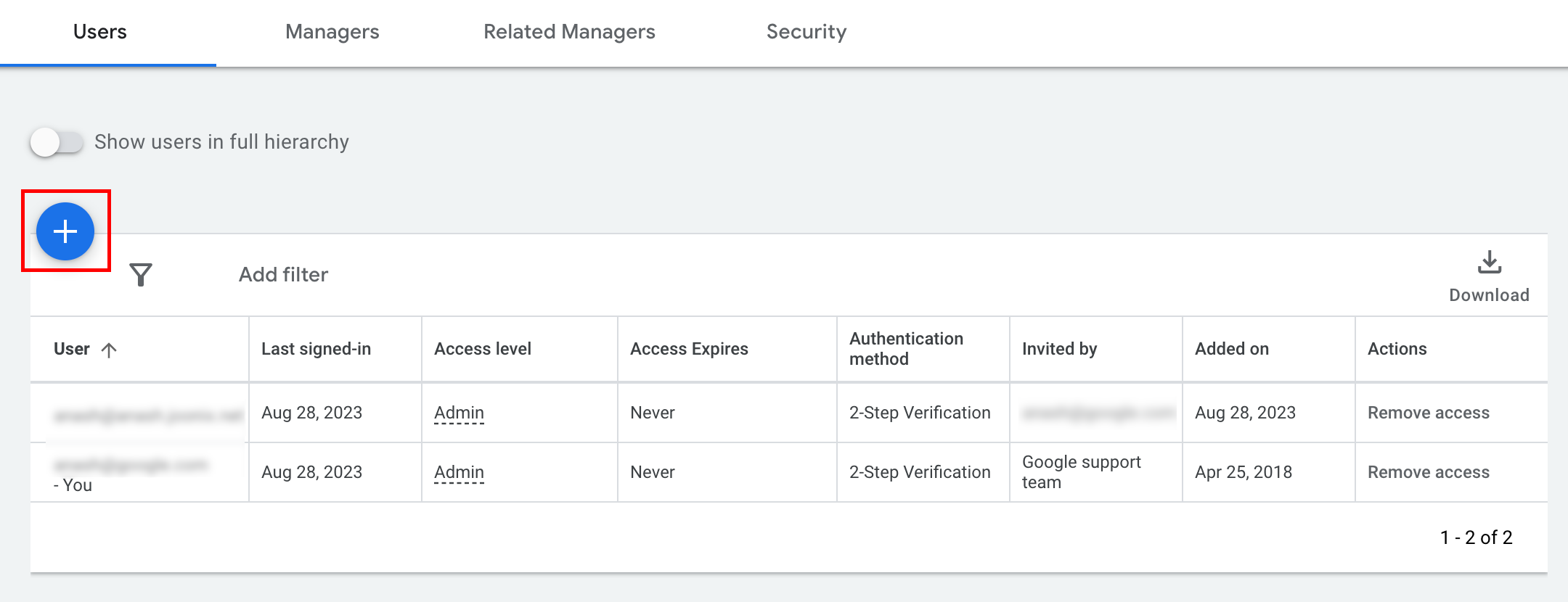 Google Ads“访问权限和安全”页面，其中显示了“添加用户”按钮
