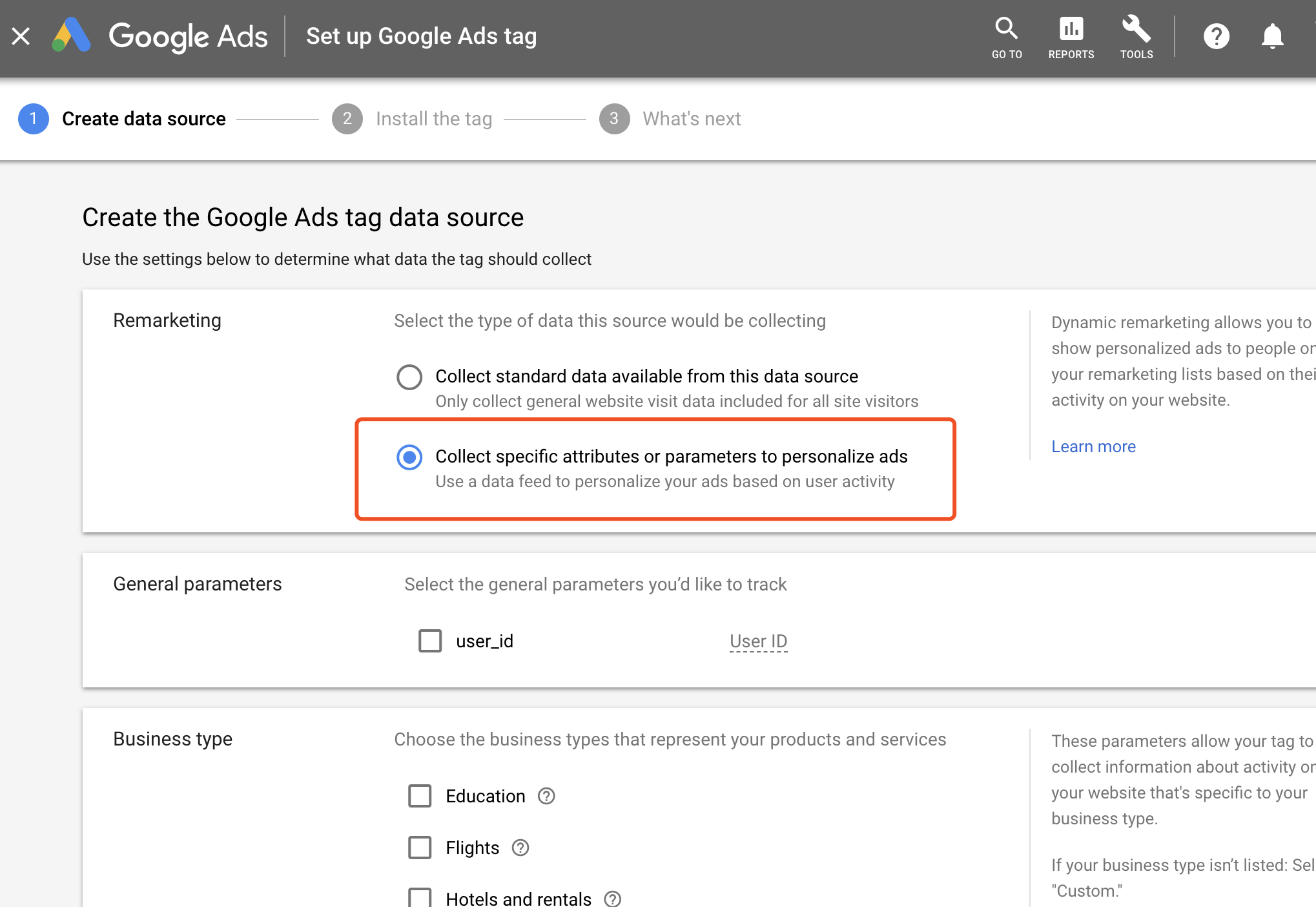 Screenshot showing the option to collect specific attributes during tag data source creation