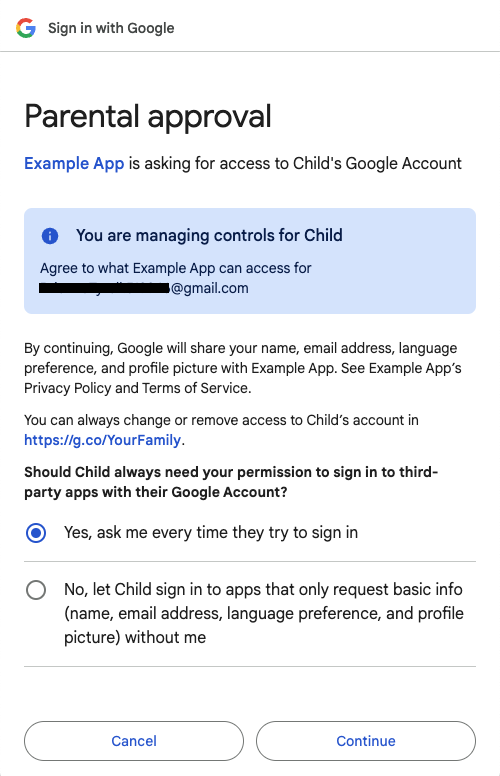 Pagina di approvazione dei genitori per l'accesso del bambino