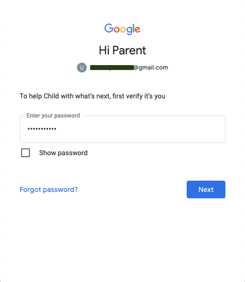 Hasło do konta Google rodzica, aby zatwierdzić stronę logowania.