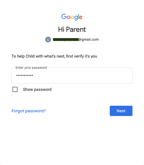 Contraseña de la Cuenta de Google parental para aprobar la página de acceso