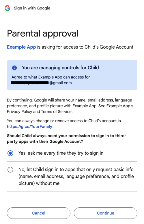 Çocuğun oturum açması için ebeveyn onayı sayfası