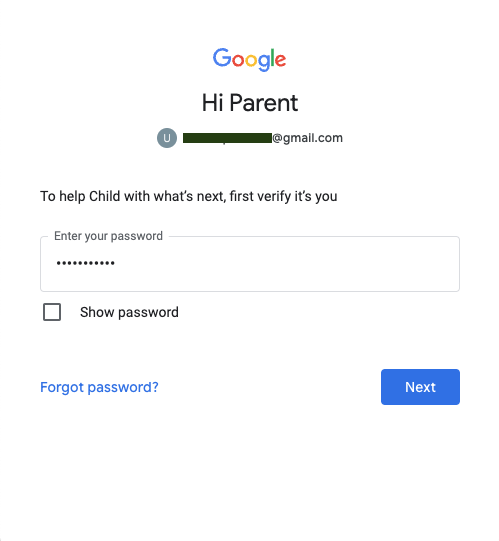 Senha da Conta do Google de familiar responsável para aprovar a página de login