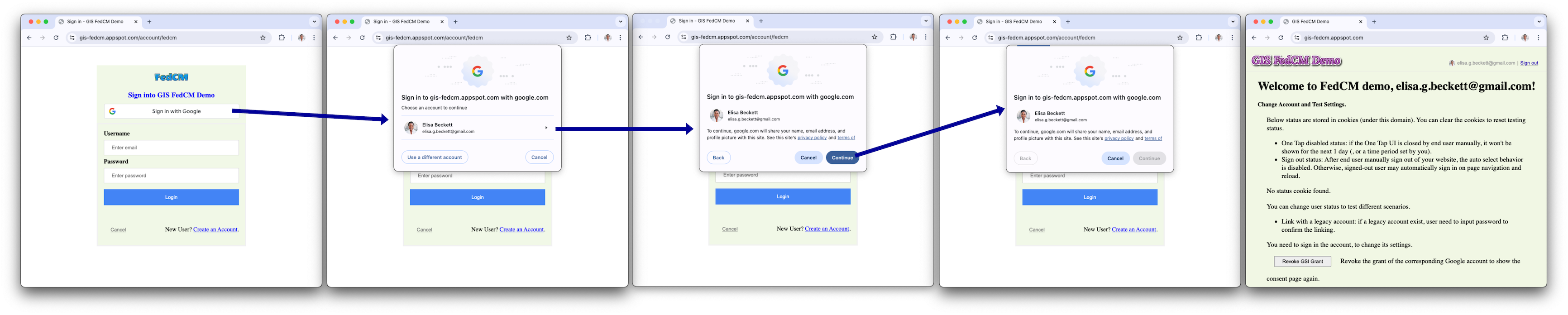 При включенном FedCM — новый пользовательский интерфейс с использованием сессии Google.