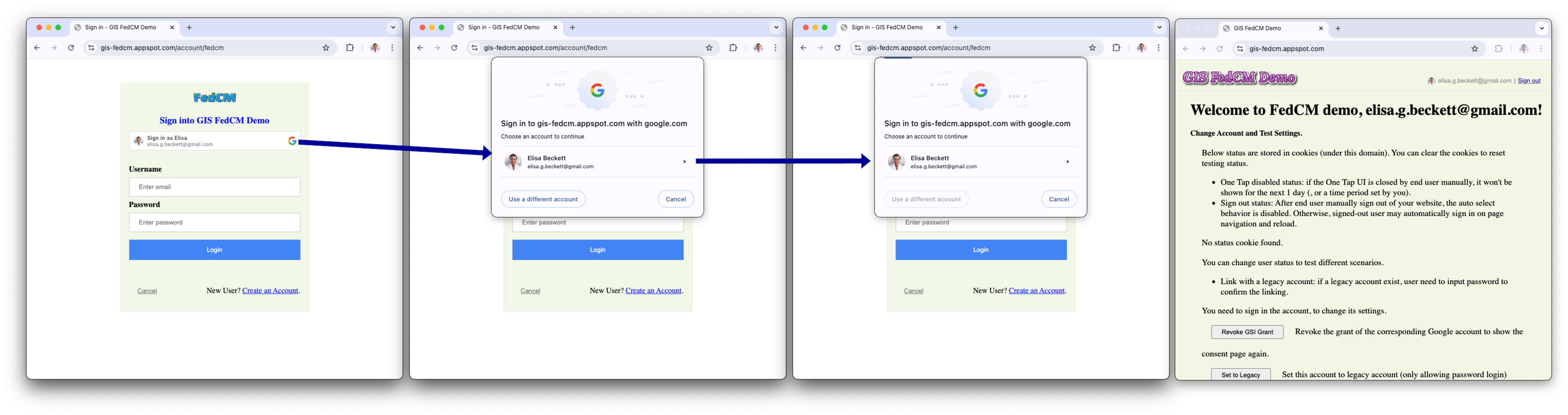 เมื่อเปิดใช้ FedCM - เส้นทางของผู้ใช้ที่กลับมาซึ่งมีเซสชัน Google