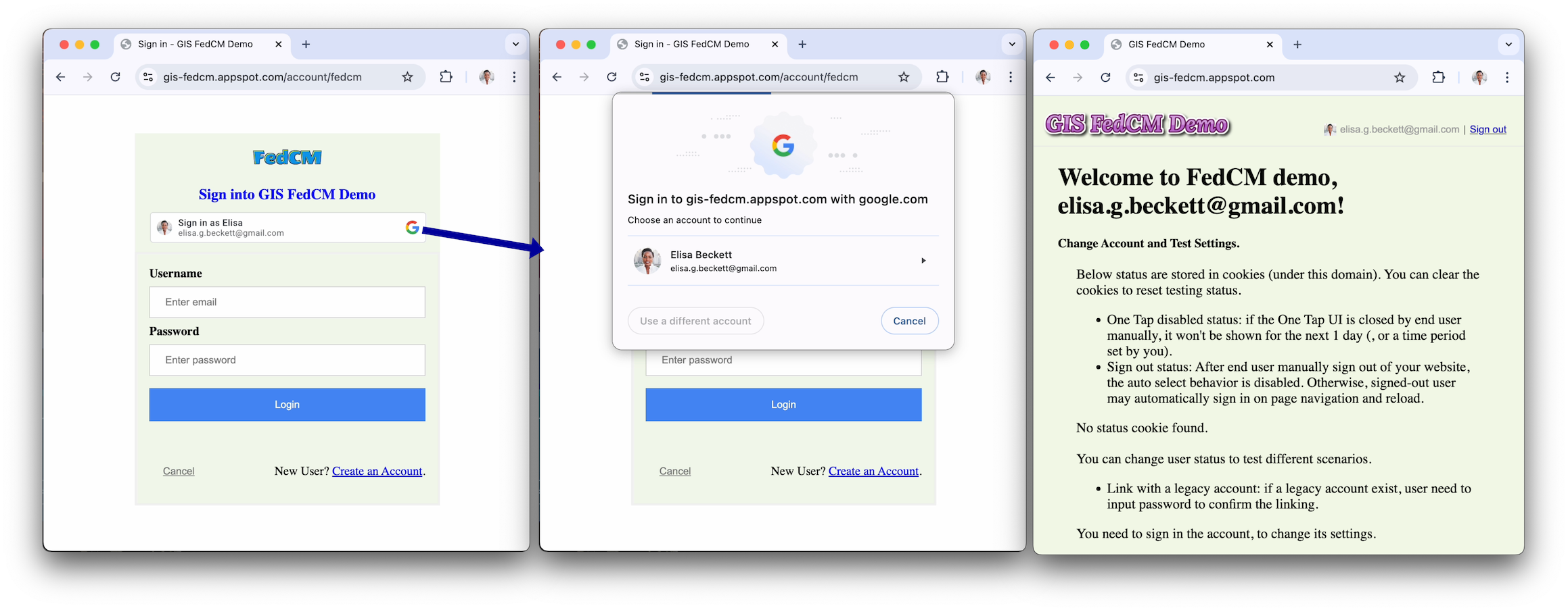 Com a FedCM e o login automático ativados: Has-Google-session com jornada do usuário recorrente de login automático