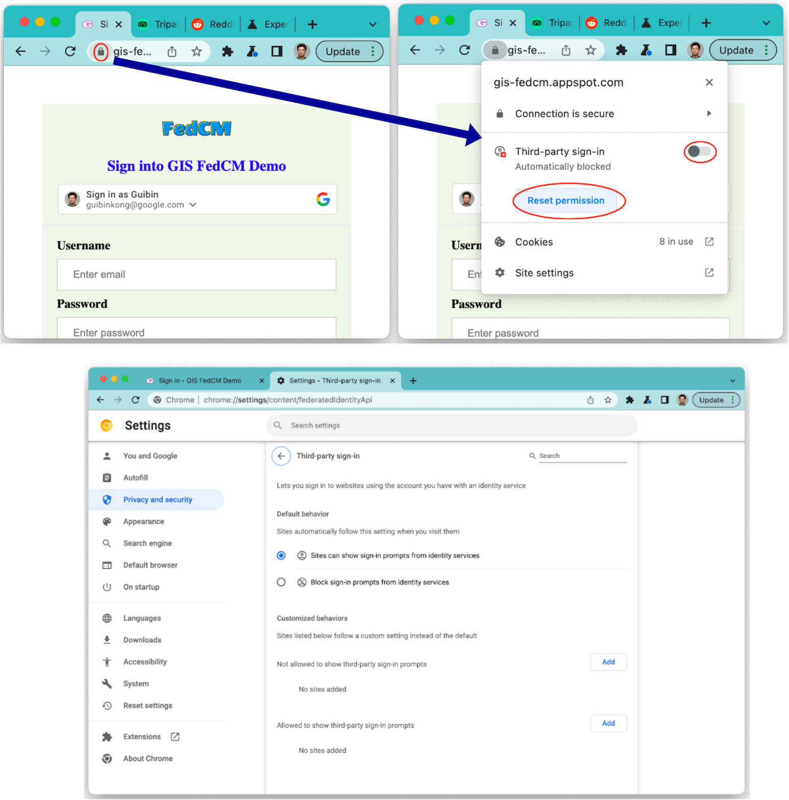 Chrome のクールダウン ステータスとサードパーティのログイン設定は、FedCM ボタンのフローには影響しません。