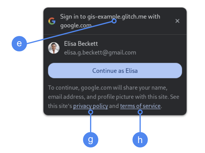 Impostazioni per il consenso OAuth visualizzate da Chrome One Tap utilizzando FedCM