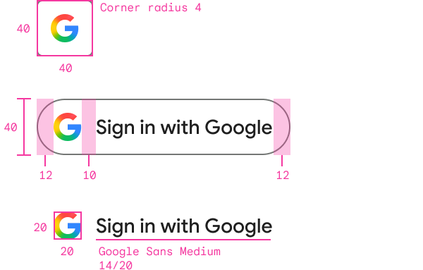 12px left padding before the Google logo, 10px right padding after the Google logo and 12px right padding after the Sign in with Google text