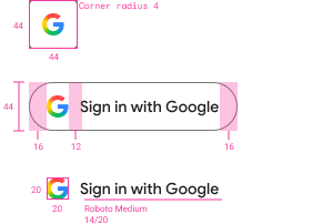 16px left padding before the Google logo, 12px right padding after the Google logo and 16px right padding after the Sign in with Google text