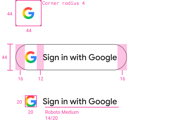 16px left padding before the Google logo, 12px right padding after the Google logo and 16px right padding after the Sign in with Google text