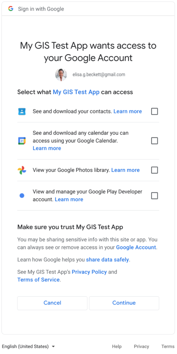 กล่องโต้ตอบความยินยอมของผู้ใช้ที่มีปุ่มยกเลิกหรือดำเนินการต่อและขอบเขตหลายรายการ โดยแต่ละขอบเขตจะมีตัวเลือกช่องทําเครื่องหมาย
