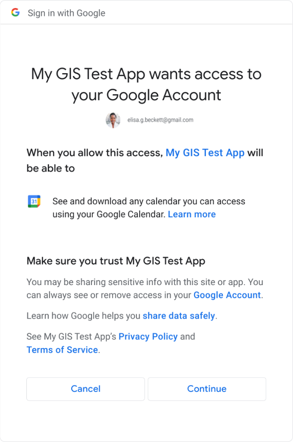 İptal veya Devam düğmeleri ve tek bir kapsam içeren kullanıcı izni iletişim kutusu gösterilir. Onay kutusu yoktur.