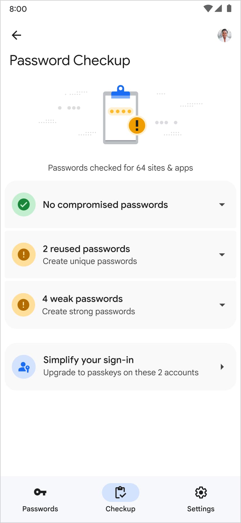 Google Password Manager also suggests creating a passkey on the password checkup page.