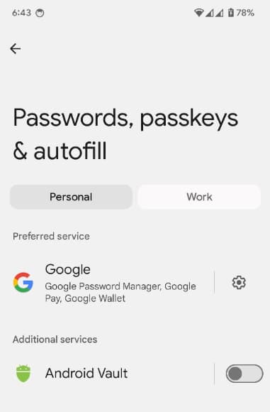 Users can choose a passkey provider in Android System Settings