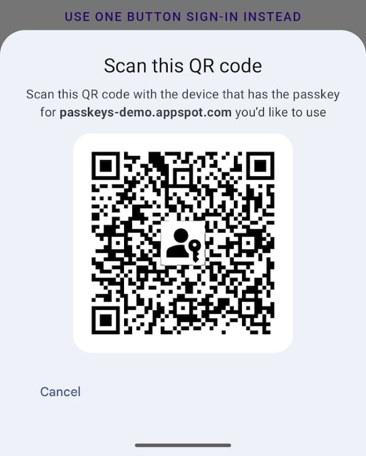 Boîte de dialogue de code QR affichée pour une connexion avec une clé d&#39;accès inter-appareils