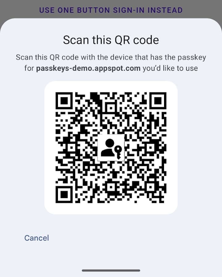 Se muestra el diálogo de código QR para acceder con una llave de acceso en varios dispositivos