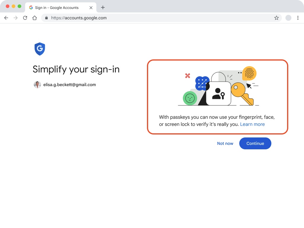 Screenshot 
of Google Accounts page with Passkeys message highlighted - reading 
'With passkeys you can now use your fingerprint, face, or screen lock to verify 
it's really you. Learn more'