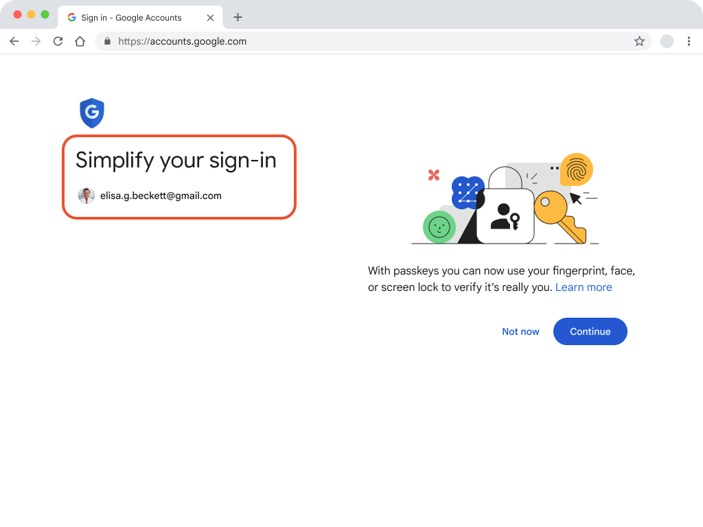 Captura de tela da página das Contas do Google com as palavras &quot;Simplifique seu login&quot; destacadas.