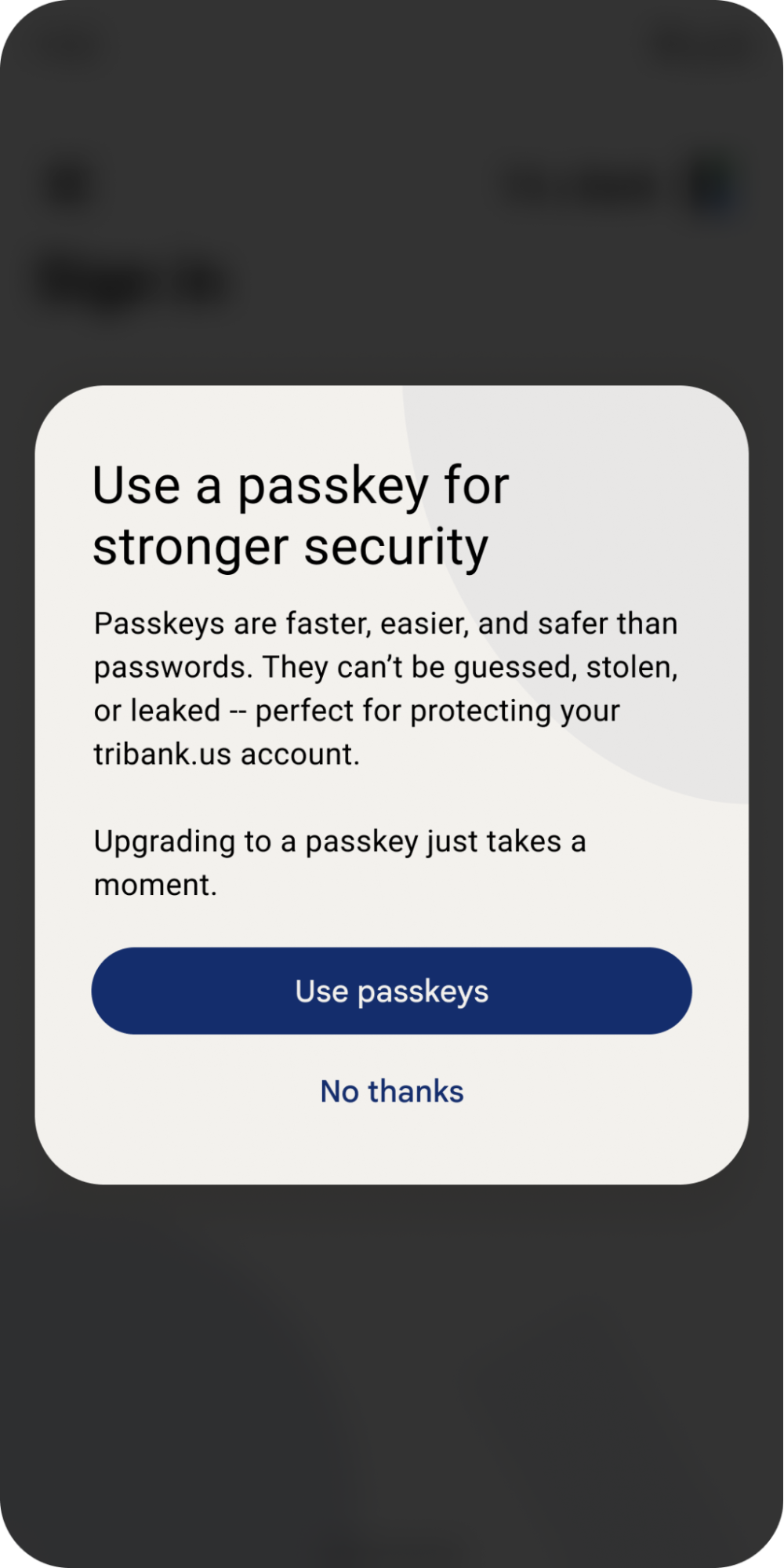 Pop-up offering user to use passkeys for faster and safer passwords