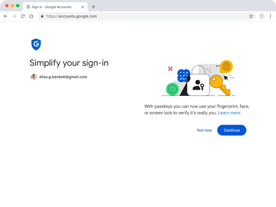 Ảnh chụp màn hình trang Tài khoản Google có thông báo chọn sử dụng khoá truy cập.
