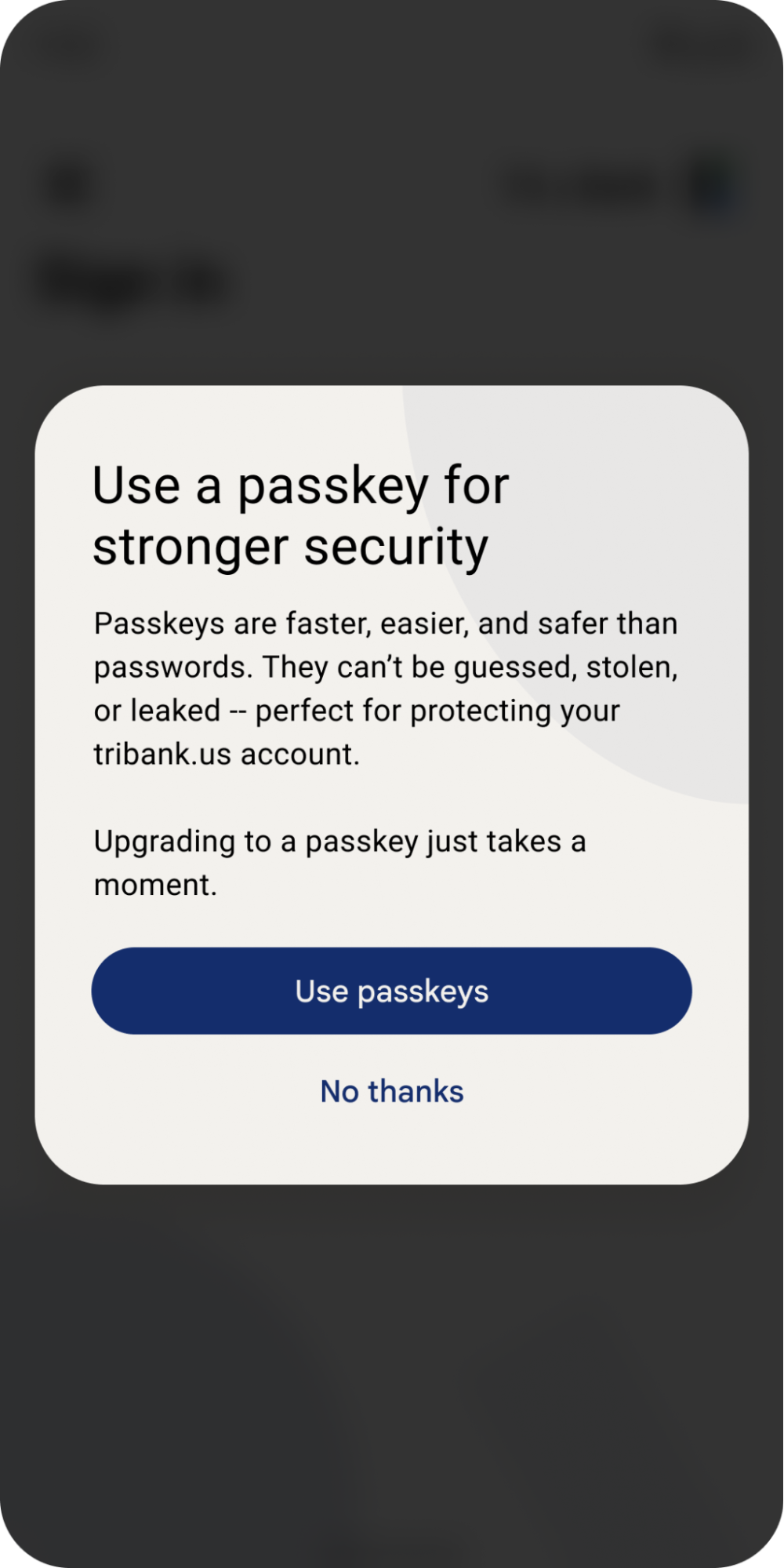 Pop-up-Fenster, in dem Nutzer aufgefordert werden, Passkeys für schnellere und sicherere Passwörter zu verwenden.