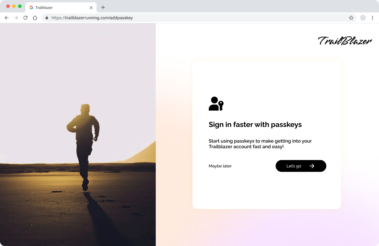 「パスキーでよりすばやくログイン」というタイトルのカードが表示された TrailBlazer のランディング ページ
