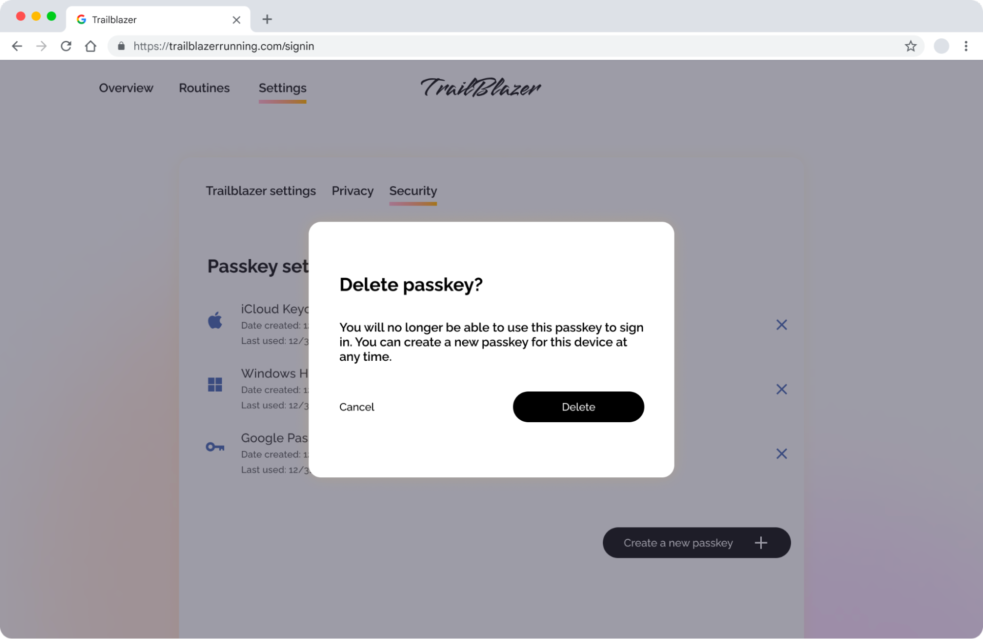 Capture d&#39;écran d&#39;une invite pop-up pour supprimer une clé d&#39;accès.