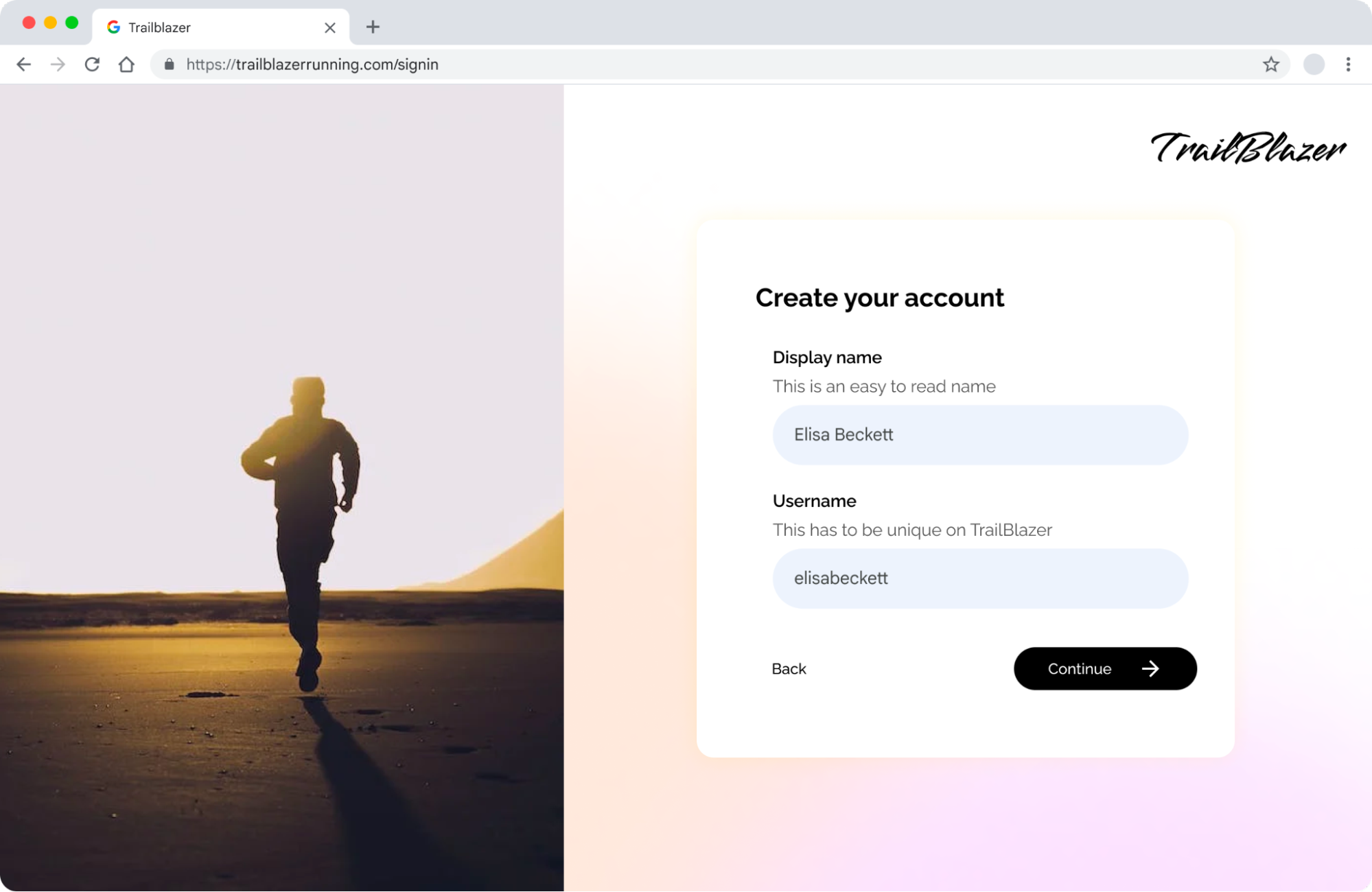 Screenshot of a Trailblazer page for create an account.