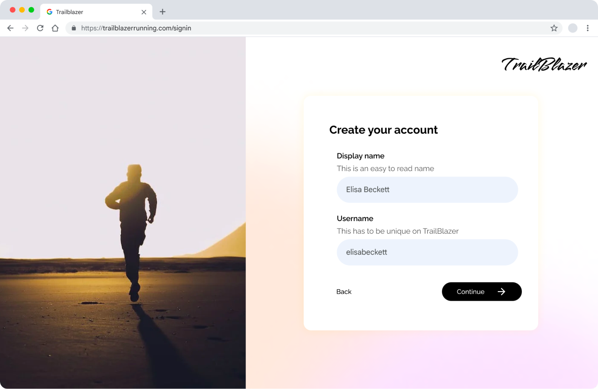 Screenshot einer Trailblazer-Seite zum Erstellen eines Kontos.