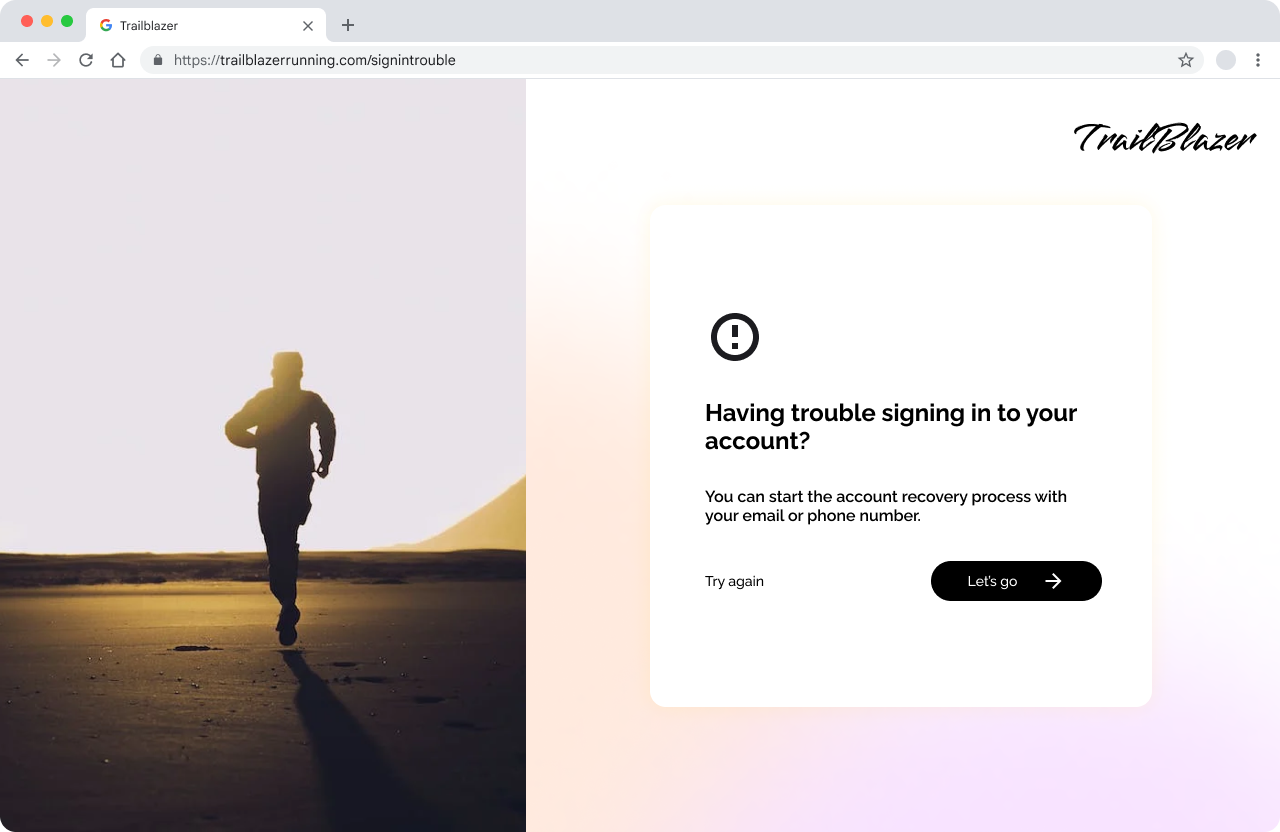 Captura de tela de uma página do Trailblazer com uma solicitação para iniciar o processo de recuperação de conta.