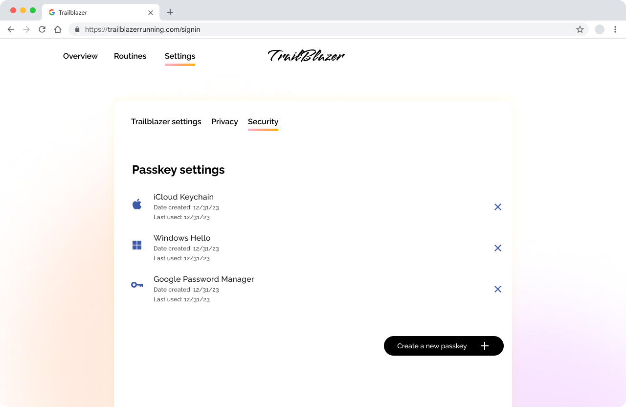 Screenshot of the Trailblazer settings page. The settings tab in active with Passkey settings displayed.