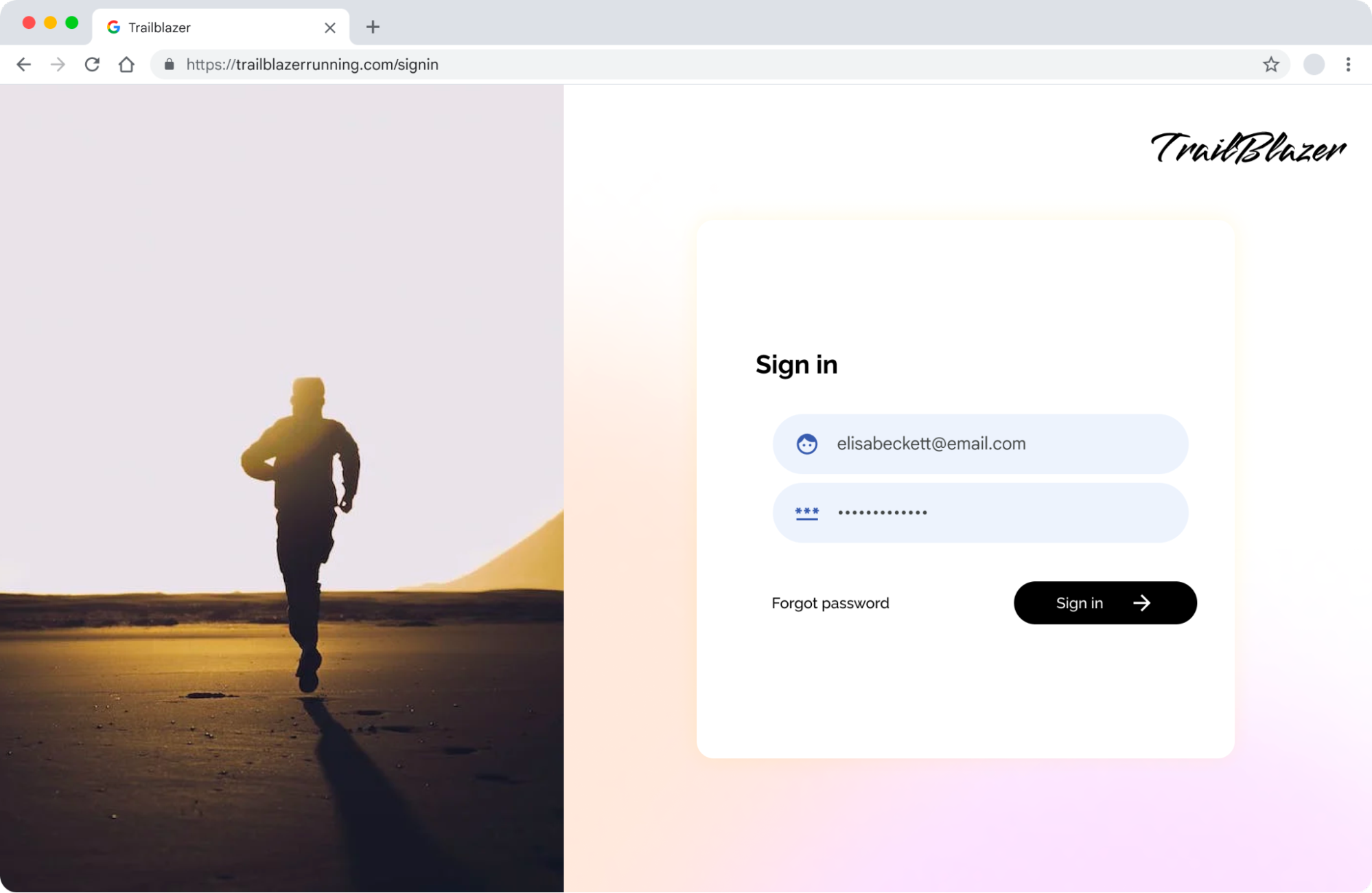 Captura de tela da página de login do Trailblazer com os campos de entrada de e-mail e senha preenchidos.