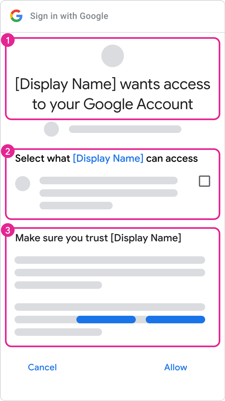 Numaralı etiketler, onaylanmış marka bilgilerine sahip bir projenin OAuth izin ekranının farklı özelliklerini gösterir.