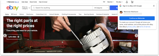 لقطة شاشة لصفحة ويب eBay تستخدم Google Identity Service بنقرة واحدة