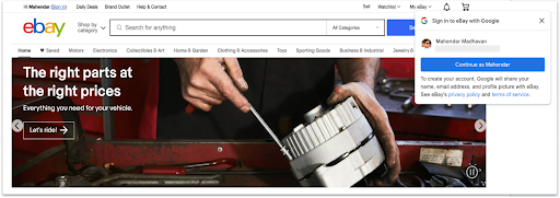 Google Kimlik Hizmeti One Tap'i kullanan eBay web sayfasının ekran görüntüsü.