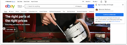 Captura de tela da página da Web do eBay usando o serviço de identidade do Google com um toque.