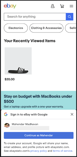 eBay के मोबाइल पेज का स्क्रीनशॉट, जिसमें Google Identity Service One Tap की सुविधा का इस्तेमाल किया गया है.
