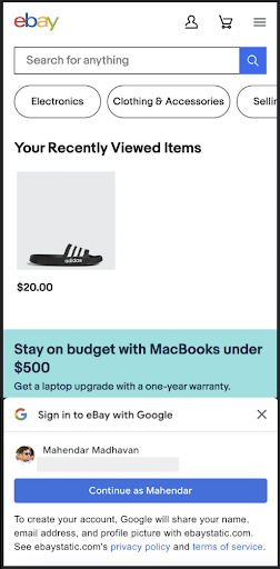 Mobil cihazda Google Kimlik Hizmeti One Tap'i kullanan eBay web sayfasının ekran görüntüsü.