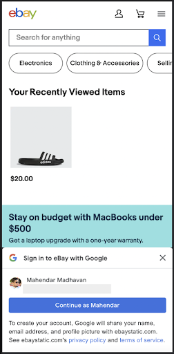 Screenshot halaman web eBay menggunakan Google Identity Service One Tap di perangkat seluler.